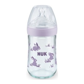 Nuk Γυάλινο Μπιμπερό Nature Sense Κατά των Κολικών Θηλή Σιλικόνης Μ 6-18m Rabbits Μωβ 240ml 1τμχ 10.745.119