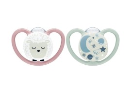 Nuk Space Night, Πιπίλες Σιλικόνης Νυκτός με Θήκη Ροζ - Βεραμάν για 0-6m 2τμχ 10.730.578