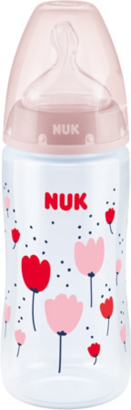 Nuk First Choice Plus Πλαστικό Μπιμπερό με Δείκτη Ελέγχου Θερμοκρασίας Θηλή Καουτσούκ 300ml Ροζ Λουλούδια 0-6m 1τμχ 10.741.939