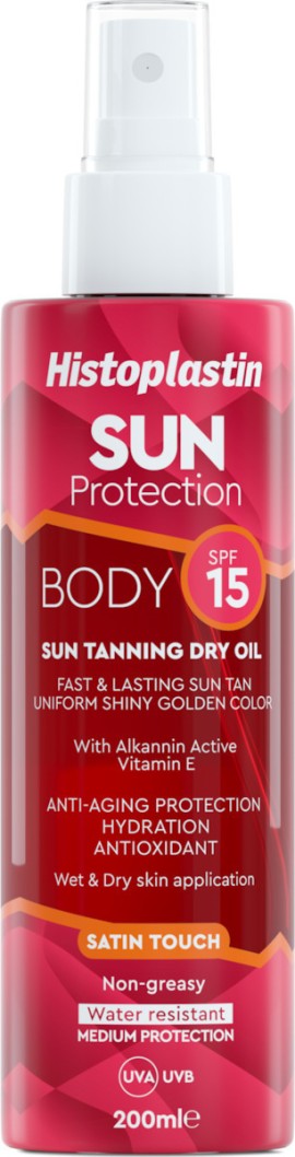 Histoplastin Sun Protection Tanning Dry Oil Body Satin Touch 15SPF Αντηλιακό Ξηρό Λάδι Σώματος για Γρήγορο Μαύρισμα 200ml