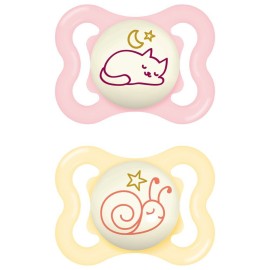 Mam Supreme Night Silicone Soother 2-6m Ορθοδοντική Πιπίλα Σιλικόνης που Λάμπει στο Σκοτάδι Ροζ / Κίτρινο 2τμχ