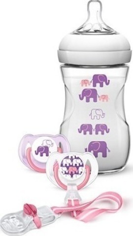 Avent PROMO Elephant Πλαστικό Μπιμπερό Ροζ-Μωβ Natural 1m+ 260ml & 2 Πιπίλες Σιλικόνης & 1 Κλιπ Πιπίλας 628/01
