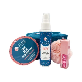 Aloe Colors ПРОМОЦИЯ 2025 Козметична чантичка The Joy със спрей за коса и тяло 100 мл и олио за устни Charm 5 мл и ПОДАРЪЧНА чантичка за тоалетни принадлежности 1 бр.