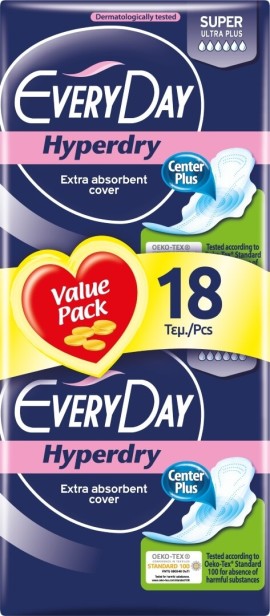 Every Day Hyperdry Super Ultra Plus Σερβιέτες με Φτερά για Αυξημένη Ροή 6 Σταγόνες 18τμχ
