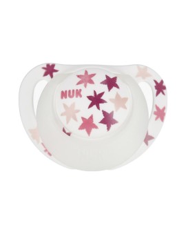 NUK Star Night Πιπίλα Σιλικόνης 6-18m με Θήκη & Κρίκο Ρόζ Αστεράκια 1τμχ 10.736.752