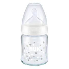 Nuk Γυάλινο Μπιμπερό First Choice Plus Temperature Control Θηλή Σιλικόνης 120ml 0-6m Λευκό Αστεράκια 1τμχ 10.747.117