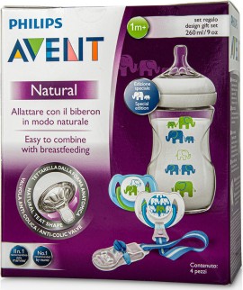 Avent PROMO Elephant Πλαστικό Μπιμπερό Μπλε-Πράσινο Natural 1m+ 260ml & 2 Πιπίλες Σιλικόνης & 1 Κλιπ Πιπίλας 627/01