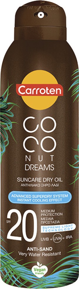 Carroten Coconut Dreams Suncare dry Oil, Αδιάβροχο Αντηλιακό Λάδι για το Σώμα SPF20 σε Spray 150ml