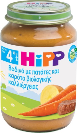 Hipp Βρεφικό Γεύμα Βοδινό, Πατάτες & Καρότα 4m+ 190gr