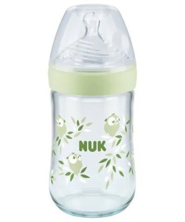 Nuk Γυάλινο Μπιμπερό Nature Sense Κατά των Κολικών Θηλή Σιλικόνης Μ 6-18m Πράσινο Κουκουβάγια 240ml 1τμχ 10.745.119
