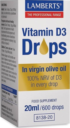 Lamberts Vitamin D3 Drops in Virgin Olive Oil 20ml 600 Σταγόνες