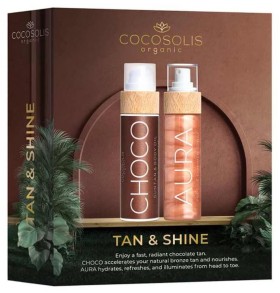 COCOSOLIS PROMO 2025 Tan & Shine με CHOCO Suntan Body Oil 110ml + AURA Peptide Shimmer Spray, Ενυδατικό Λάδι με Λάμψη για Πρόσωπο, Μαλλιά και Σώμα 100ml