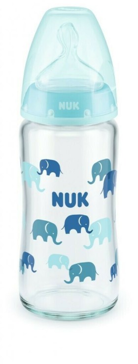 Nuk Γυάλινο Μπιμπερό First Choice Plus Temperature Control με Θηλή Σιλικόνης 240ml 0-6m Σιέλ Ελεφαντάκια 1τμχ 10.745.124