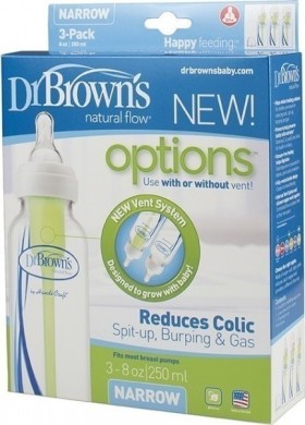 Dr Browns Natural Flow Options+ Μπιμπερό Πλαστικό με Στενό Λαιμό 0m+ 250ml 3τμχ SB83005