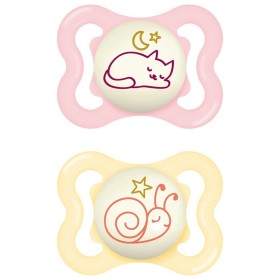 Mam Supreme Night Silicone Soother 2-6m Ορθοδοντική Πιπίλα Σιλικόνης που Λάμπει στο Σκοτάδι Ροζ / Κίτρινο 2τμχ