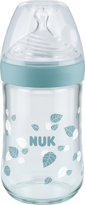 Nuk Nature Sense Μπιμπερό γυάλινο Θηλή σιλικόνης οπή Μ Τιρκουάζ Φύλλα 0-6m 240ml 10.745.095