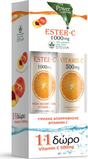 Power Of Nature 1+1 ΔΩΡΟ Ester C 1000mg 20tabs αναβράζοντα & Vitamin C 500mg 20tabs αναβράζοντα Ροδάκινο Πορτοκάλι