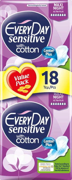 Every Day Sensitive With Cotton Maxi Night Ultra Plus Σερβιέτες με Φτερά Νυκτός για Αυξημένη Ροή 7 Σταγόνες 18τμχ