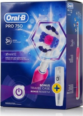 Oral-B Pro 750 3D White Ηλεκτρική Οδοντόβουρτσα Θήκη Ταξιδίου, Ροζ 1τμχ