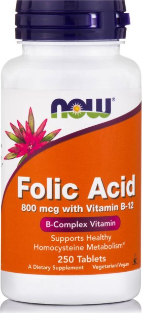 Now Foods Folic Acid 800mcg με B-12 25mcg 250tabs